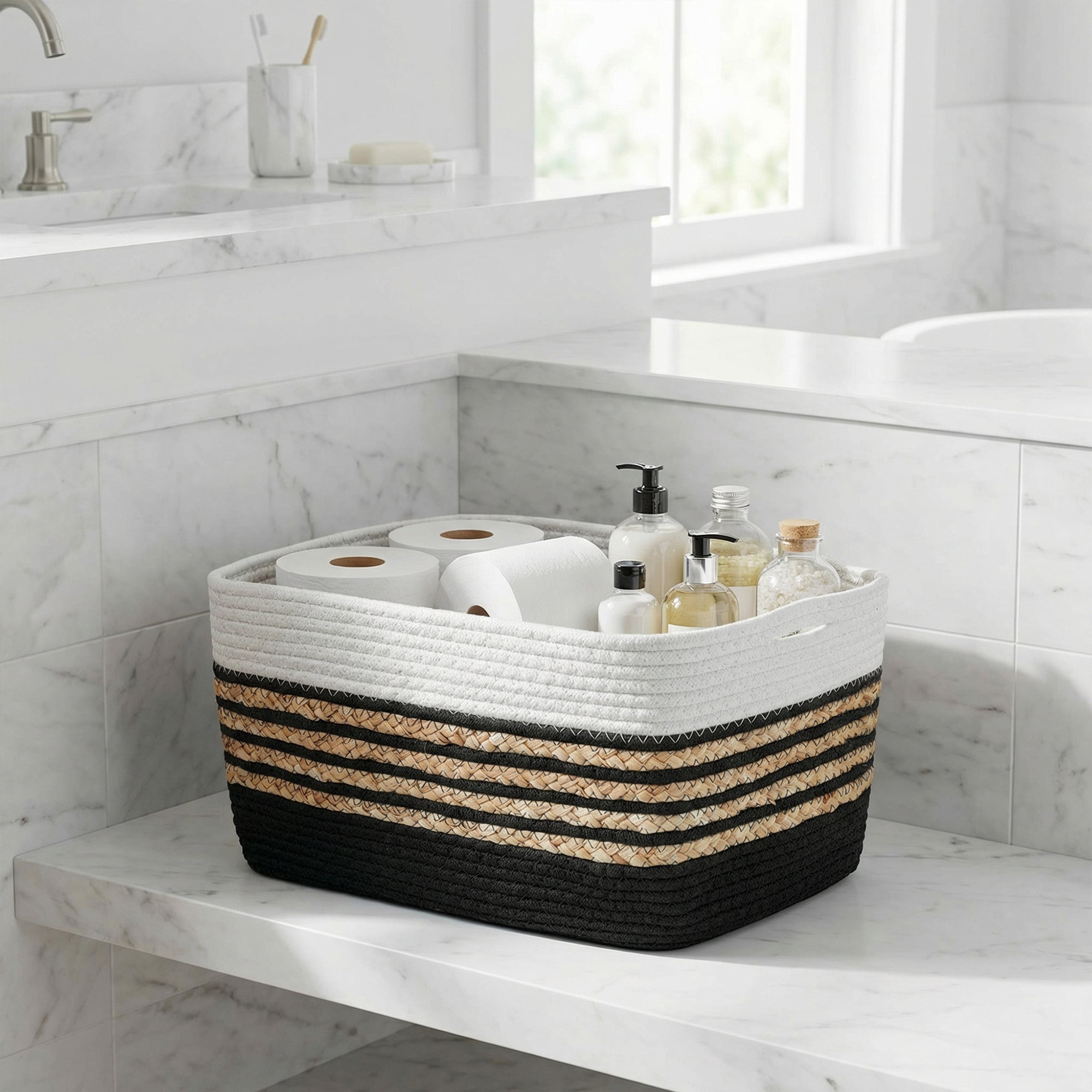 Unique Bargains Woven Storage Basket Storage Bin Black White 15*9.8*9.1in