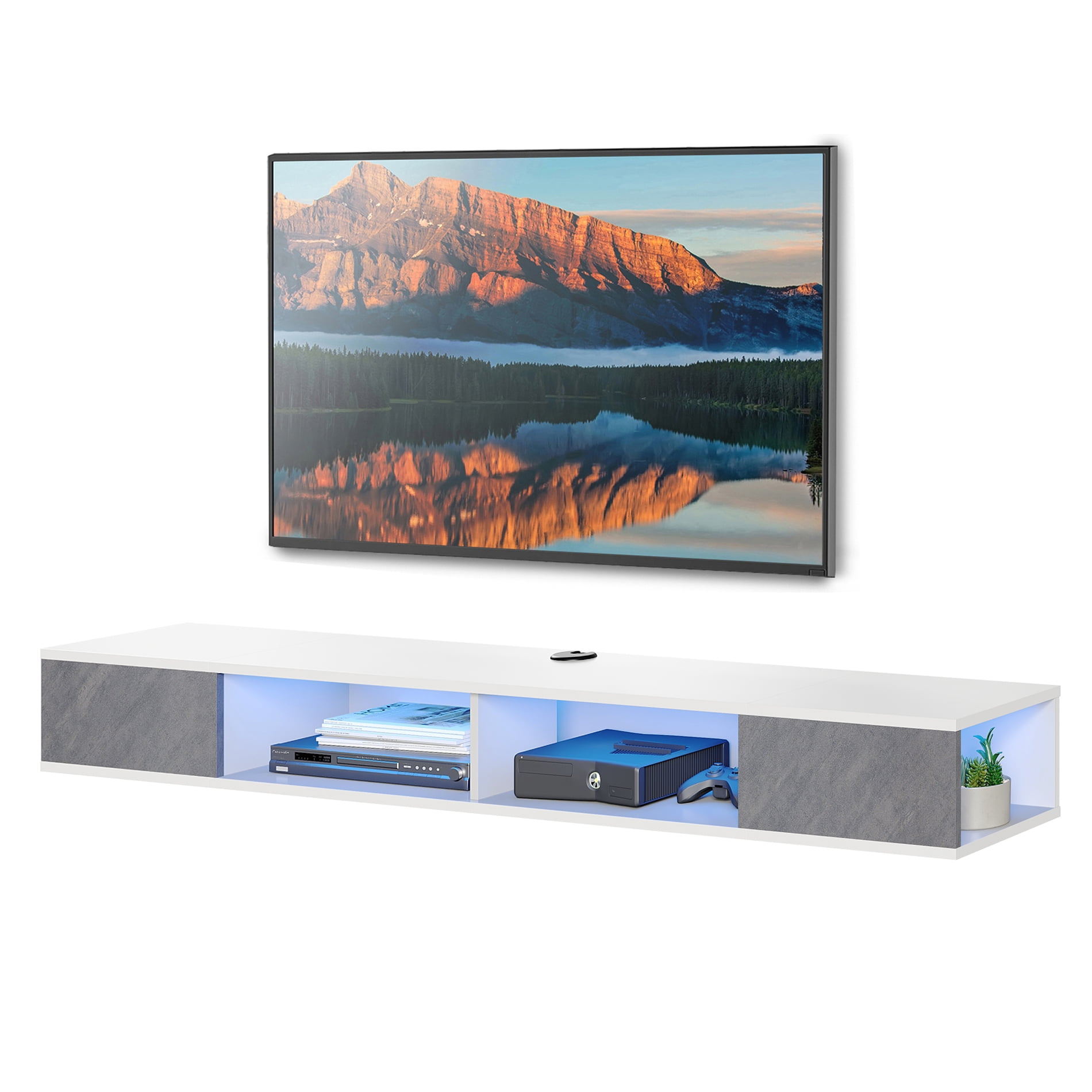 Floating TV Stand 70in TV Stand Blue Lights, Entertainment Center Media Console, Wall Mounted Shelf Media Console Cabinet