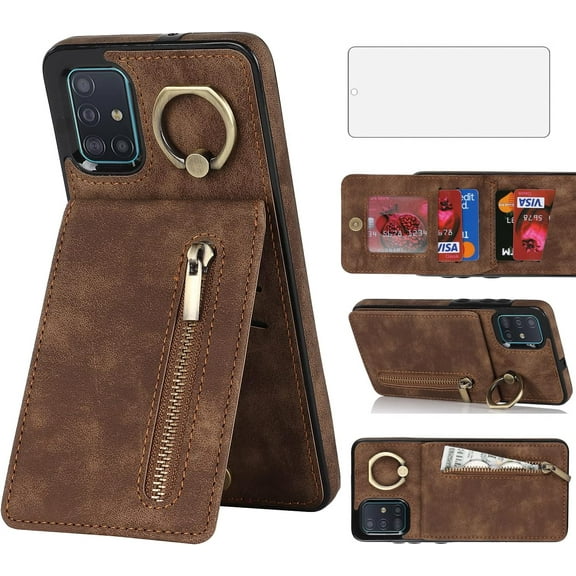 Phone Case for Samsung Galaxy A51 4G Wallet Cover with Tempered Glass Screen Protector and Zipper RFID Card Holder Ring Stand Leather Cell Accessories A 51 M40S 51A A515F S51 Women Men Brown
