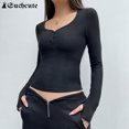 thumbnail image 4 of Camisetas básicas para mujer, cuello cuadrado grunge, color liso, informales, de manga larga, ajustadas, con botones, para otoño, 4 of 6