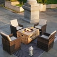 thumbnail image 3 of Outdoor Wicker Dining Set Wood Coating Fire Pit Table with Four Rattan Chairs, 3 of 7