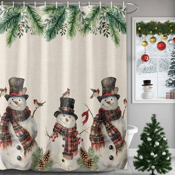 Vintage Snowman Shower Curtains for Bathroom, Christmas Winter Green Pine Tree Linen Waterproof Fabric Shower Curtain for Bathroom Bathtub Decoration, Machine Washable, 60"x72"