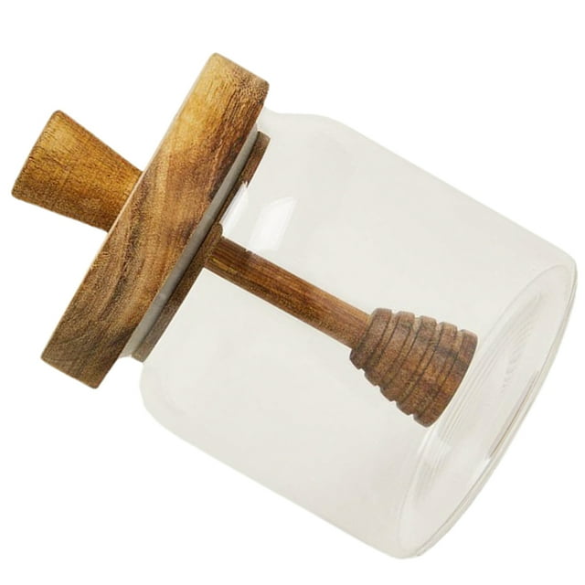 OULII Glass Honey and Syrup Storage Container with Dipper and Wooden Lid Easy to Clean for Home Use