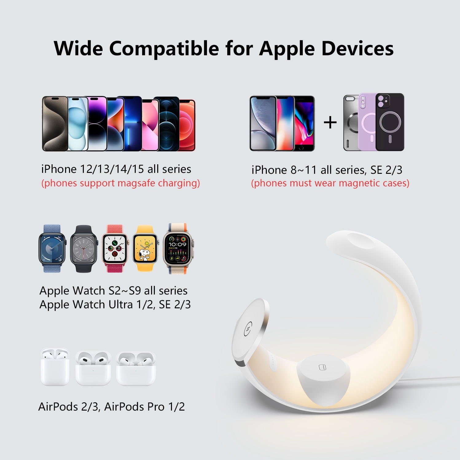 4 in 1 Charging Station for Apple Magnetic Wireless Charger for iPhone 16 15 14 13 12 11 9 8 All Series with RGB Night Light & for Apple Watch Charger & for AirPods 4 with ANC/3/2/Pro