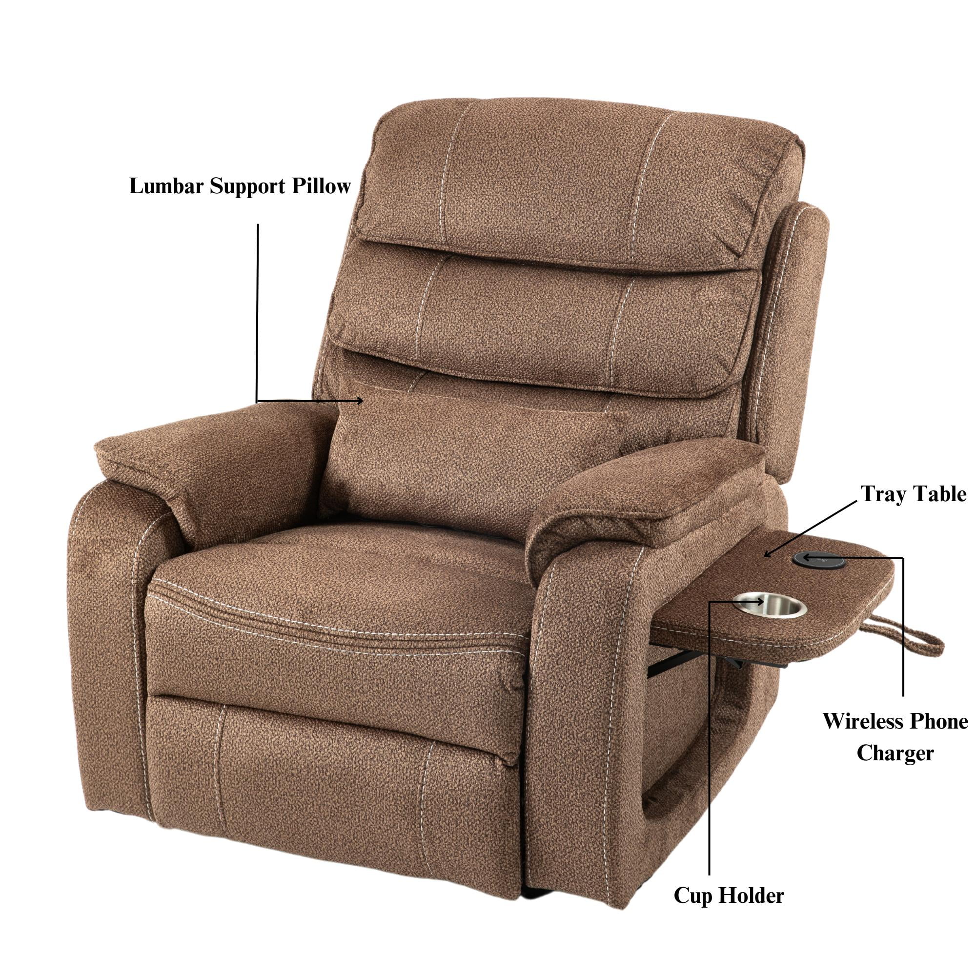 JUUXO Power Lift Recliner Chair for Elderly Adults Wide Recliner Chair with Wireless Charger, Cup Holder, and Lumbar Pillow - Chenille Brown