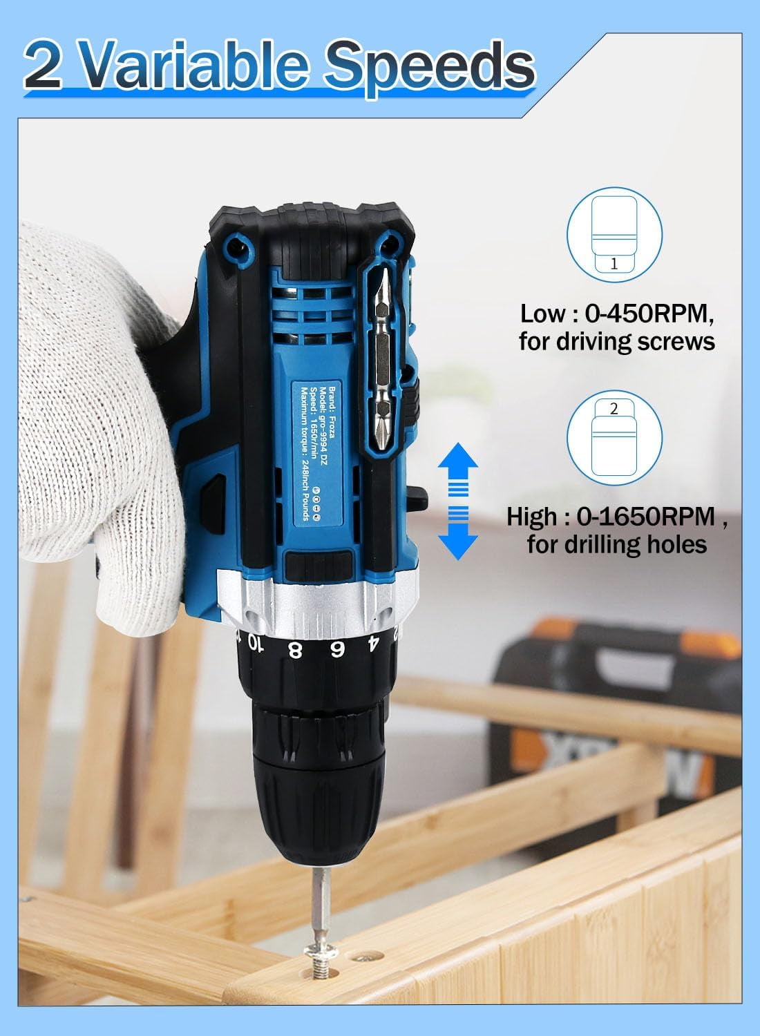 Cordless Hammer Drill 21V with LED Work Light - Compact 1.5AH Battery, 248 In-lbs, 18+2 Clutch, 2 Speeds, Charger, 25 Accessories Included（Dark Blue）