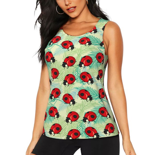 Fotbe Red Ladybugs And Leaf Blusas Sin Mangas para Mujer – Estilo Casual, Corte Suelto, Slim-Fit, Cuello Redondo Deportivo, Tops de Verano para Gimnasio y Yoga-XX-Large