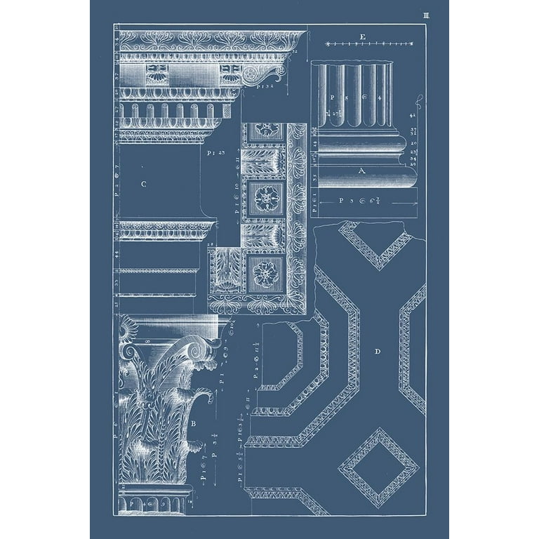 Vision Studio 13x18 Black Ornate Wood Framed with Double Matting Museum Art  Print Titled - Column and Cornice Blueprint IV 