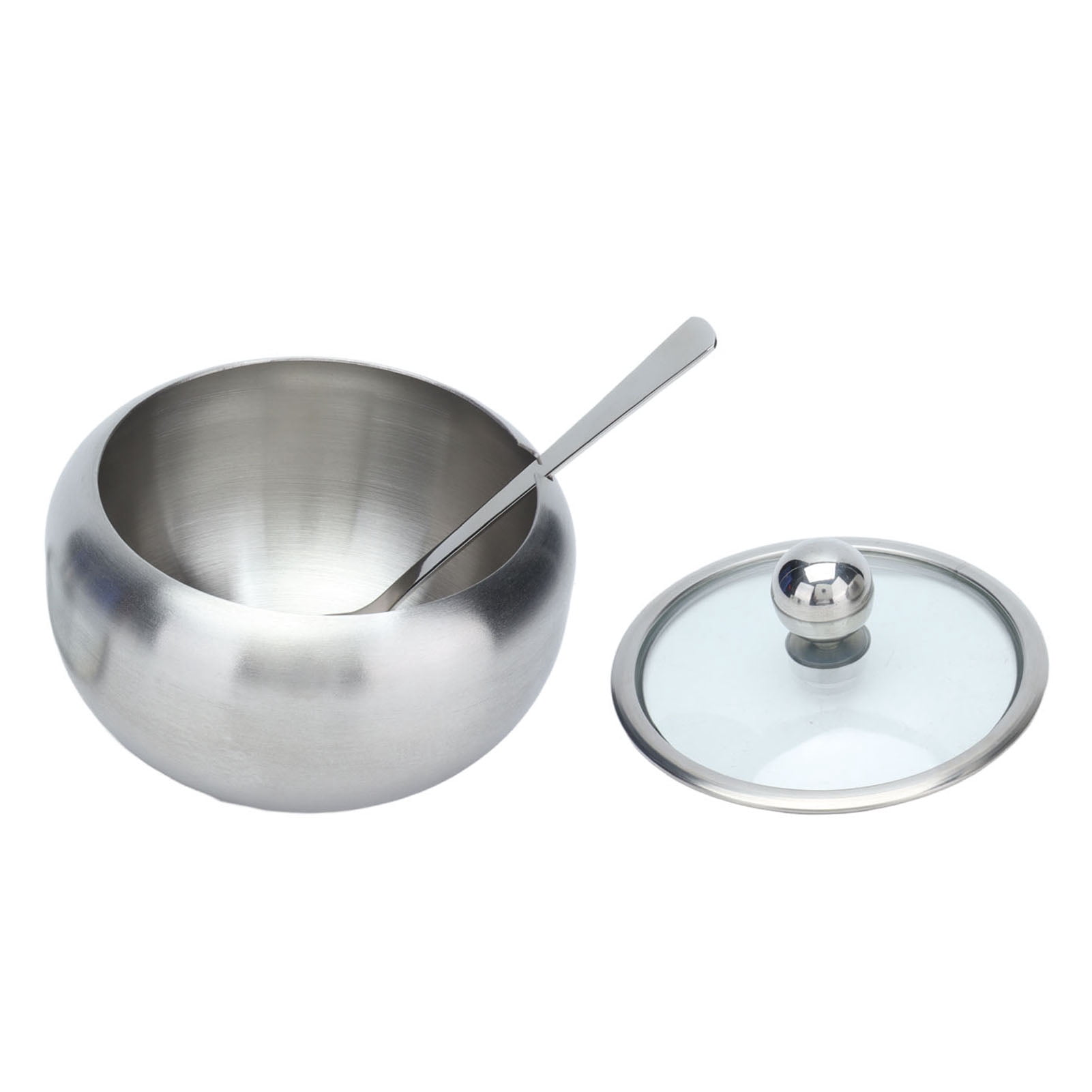 FAGINEY Sugar Bowl Stainless Steel Clear Lid Glossy Inbuilt Spoon