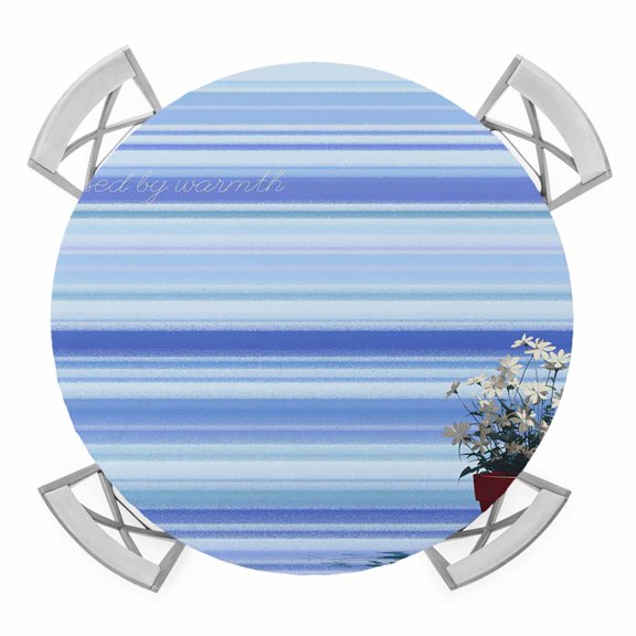 Elastic Fitted Round Tablecloth, Blue Ombre Striped Daisy Waterproof Stretch Table Cover for 36"-44" Tables, Vintage Flowers Abstract Art Washable Outdoor Tablecloths for Patio, Picnic, Camping
