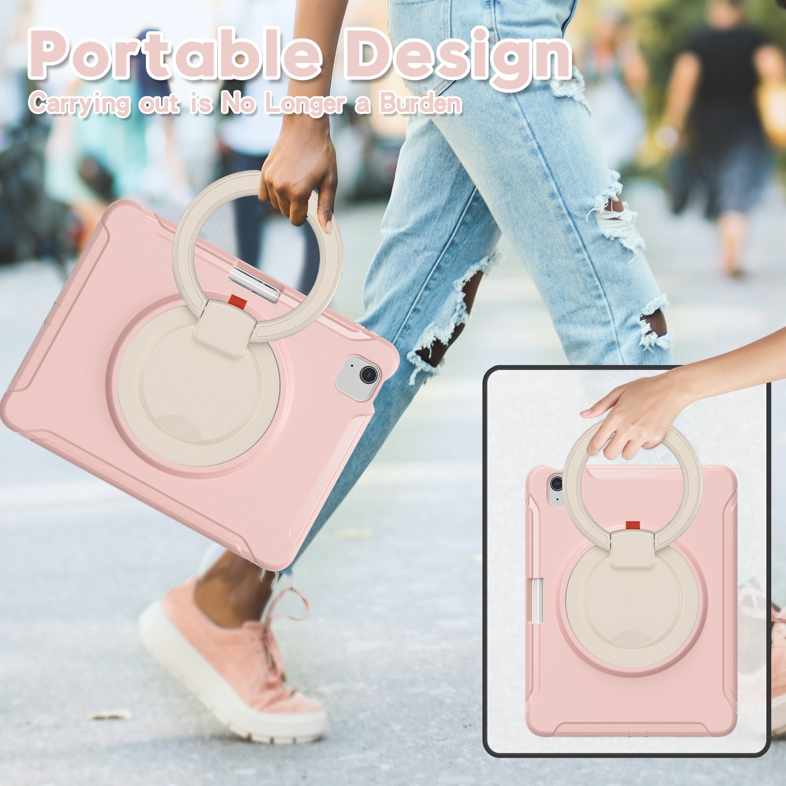 Allytechgroup iPad Air 11" 2026/2025/2024 Case M4 M3 M2, Heavy Duty Shockproof Kickstand Handle [Pencil Holder] Protective Durable Kids Friendly Case Cover for Apple iPad Air 11", Cherryblossomspink