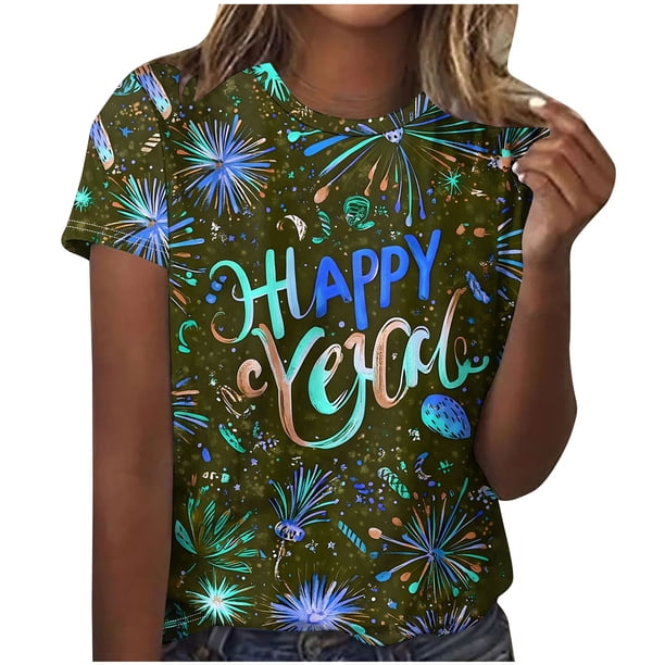 Camisetas Casuales de Mujer Año Nuevo Impreso Suéter de Manga Corta Cuello Redondo, Top de Moda para el Uso Diario