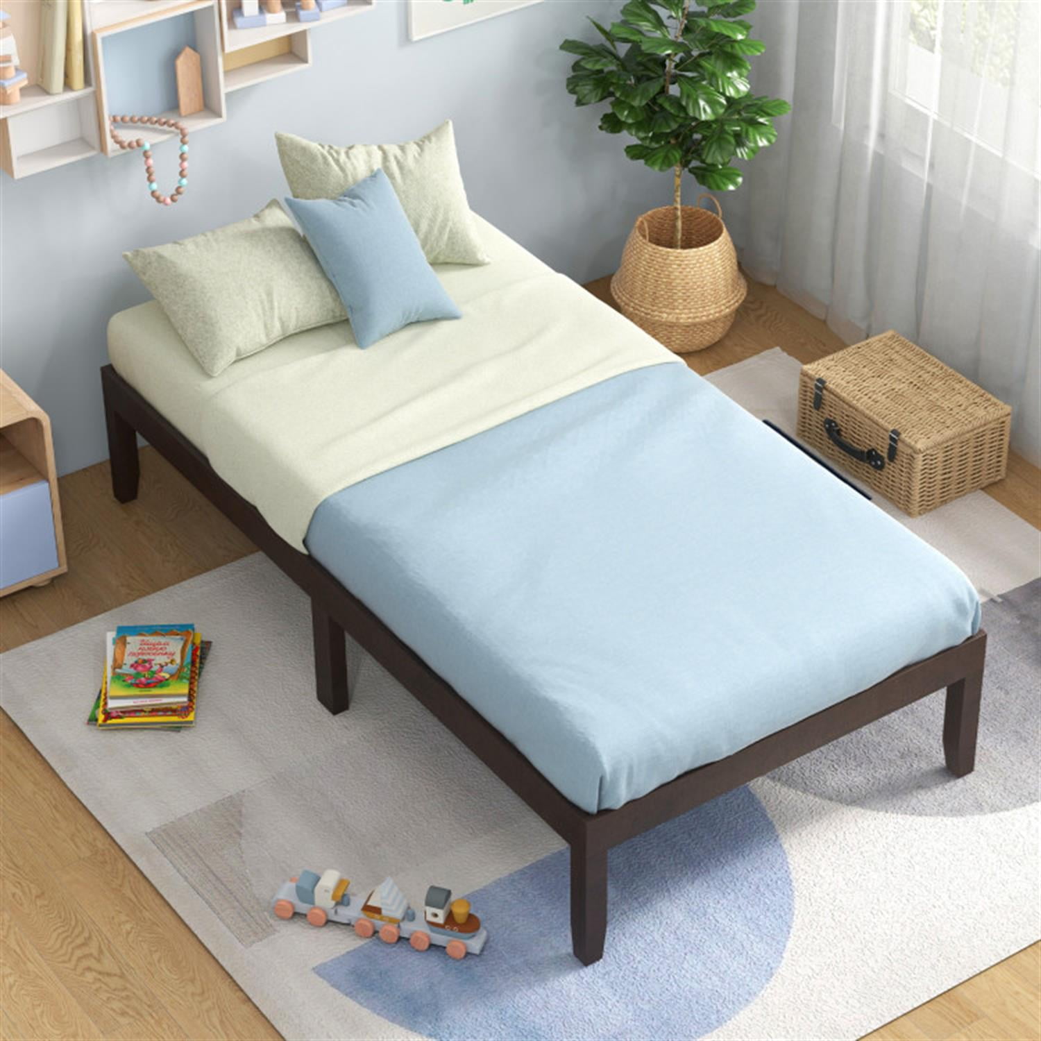 Demi Bonn Twin Size Bed Frame with Wooden Slats Support and Rubber Wood Legs, Acacia Wood Platform Bed Frame with Under Bed Storage, No Box Spring Needed, Brown