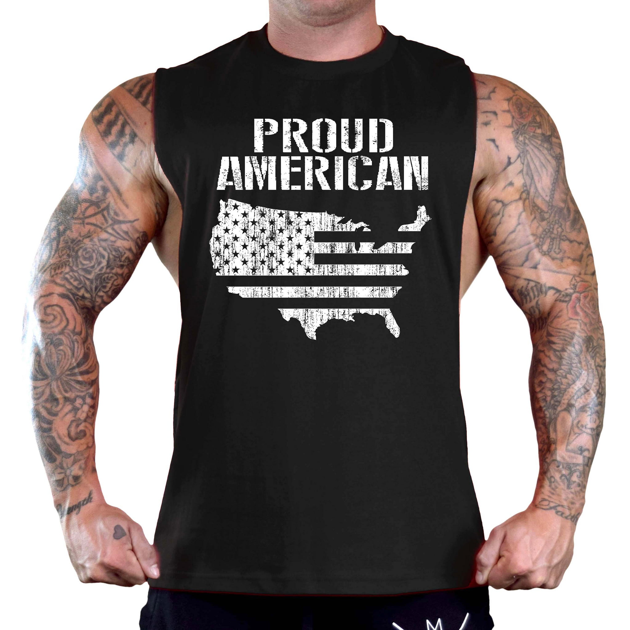 Men's Proud American Map Black T-Shirt Tank Gym Workout Fitness Muscle Athletic