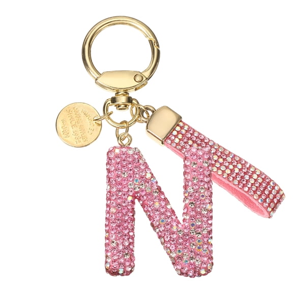 Uxcell Initial Letter Keychain Cute Letter-N Sparkly Rhinestone Key Chain Charm Pink