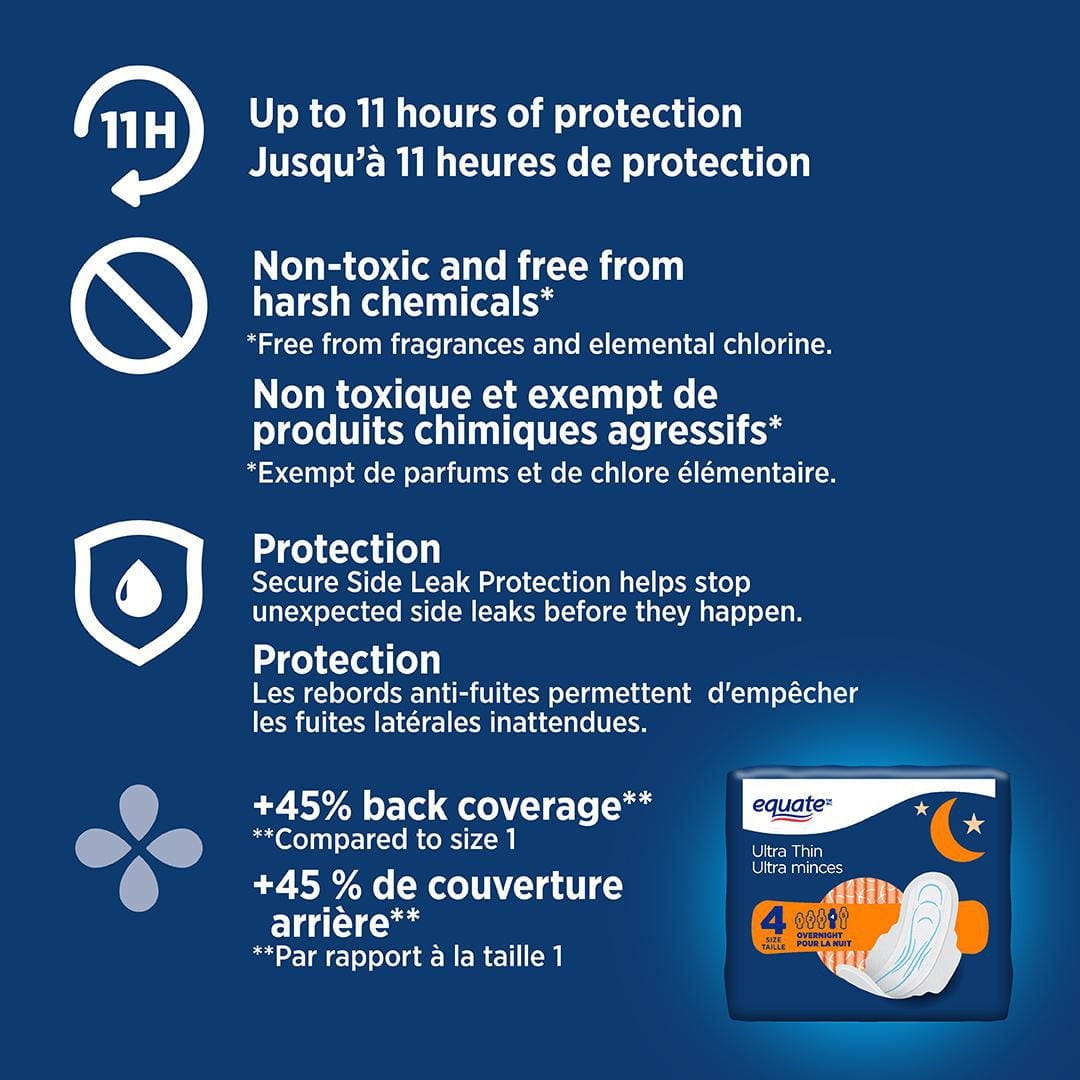 Equate Overnight Absorbency Ultra Thin Pads With Flexi-Wings, Size 4, 14 Count, 14 Size 4 Ultra Thin Pads Unscented With Flexi-Wings