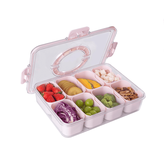 Lomyolo Portable Snackle Box Container Divided Serving Tray with Lid and Handle Clear Travel Organizer 8 Compartment Snackle Box Adults, Snack Box Container - Fruit, Vegetable, Candy-Pink