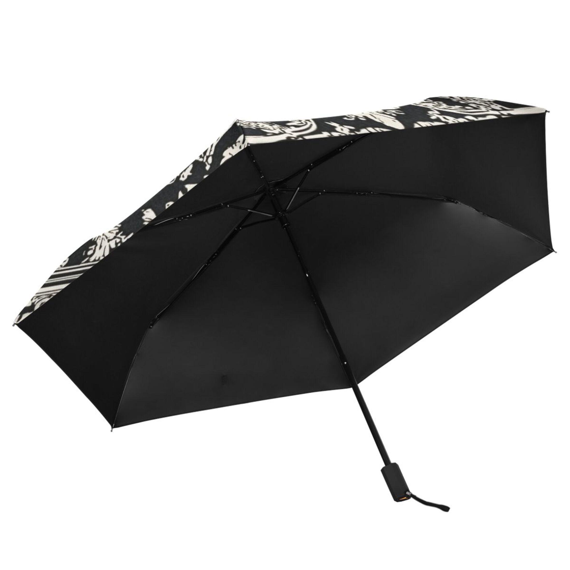 Black and White Paisley Flowers Pattern All Weather Umbrella Triple Folding Parasol 6 Ribs UV Protection Portable