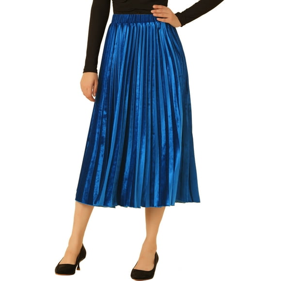 INSPIRE CHIC Women's High Elastic Waist Swing Flare Hem Velvet Pleated Skirt M Royal Blue