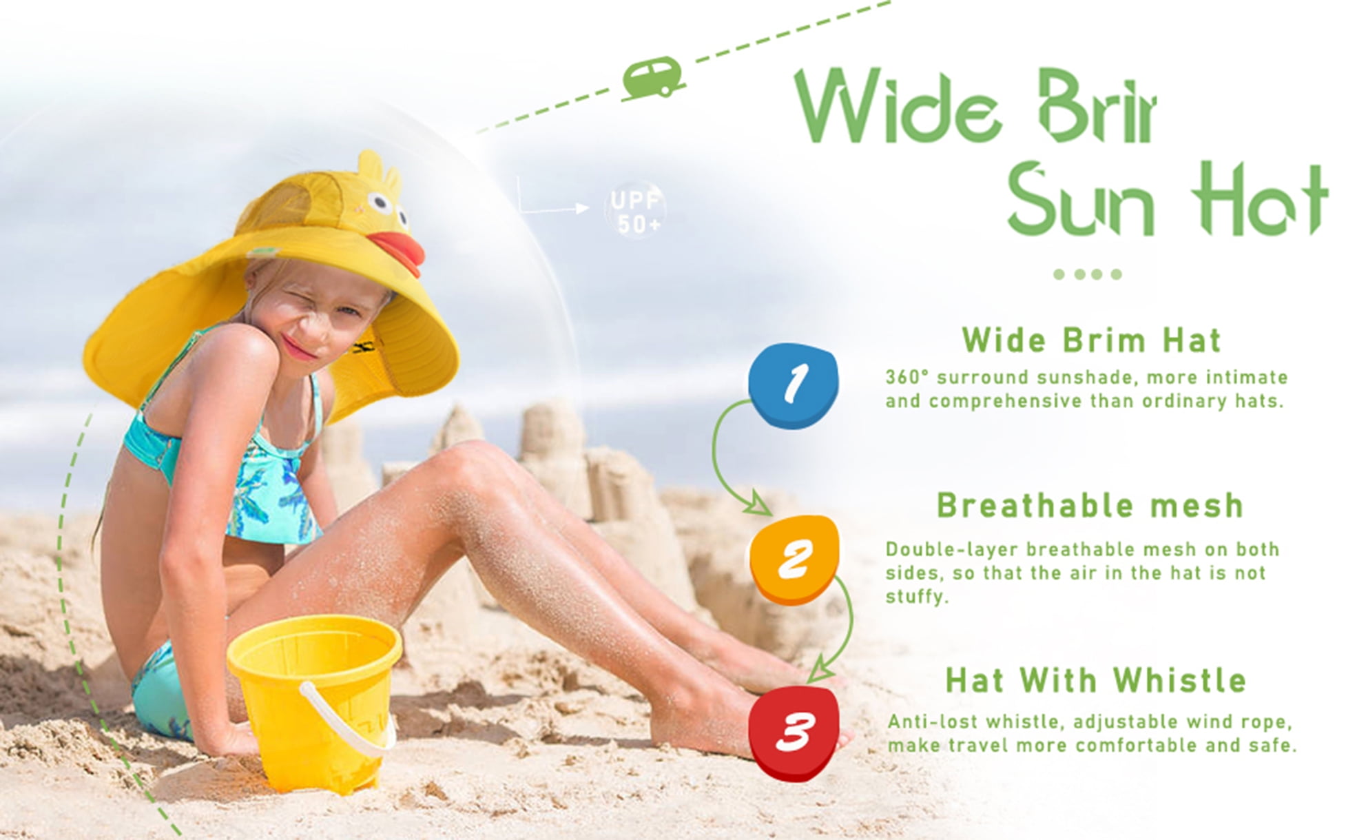 Sun Hat for Kids Anti-UV Girls Sun Hats Wide Brim UPF 50+ Sun Protection Beach Hat with Adjustable Chin Strap for 2-9 Years