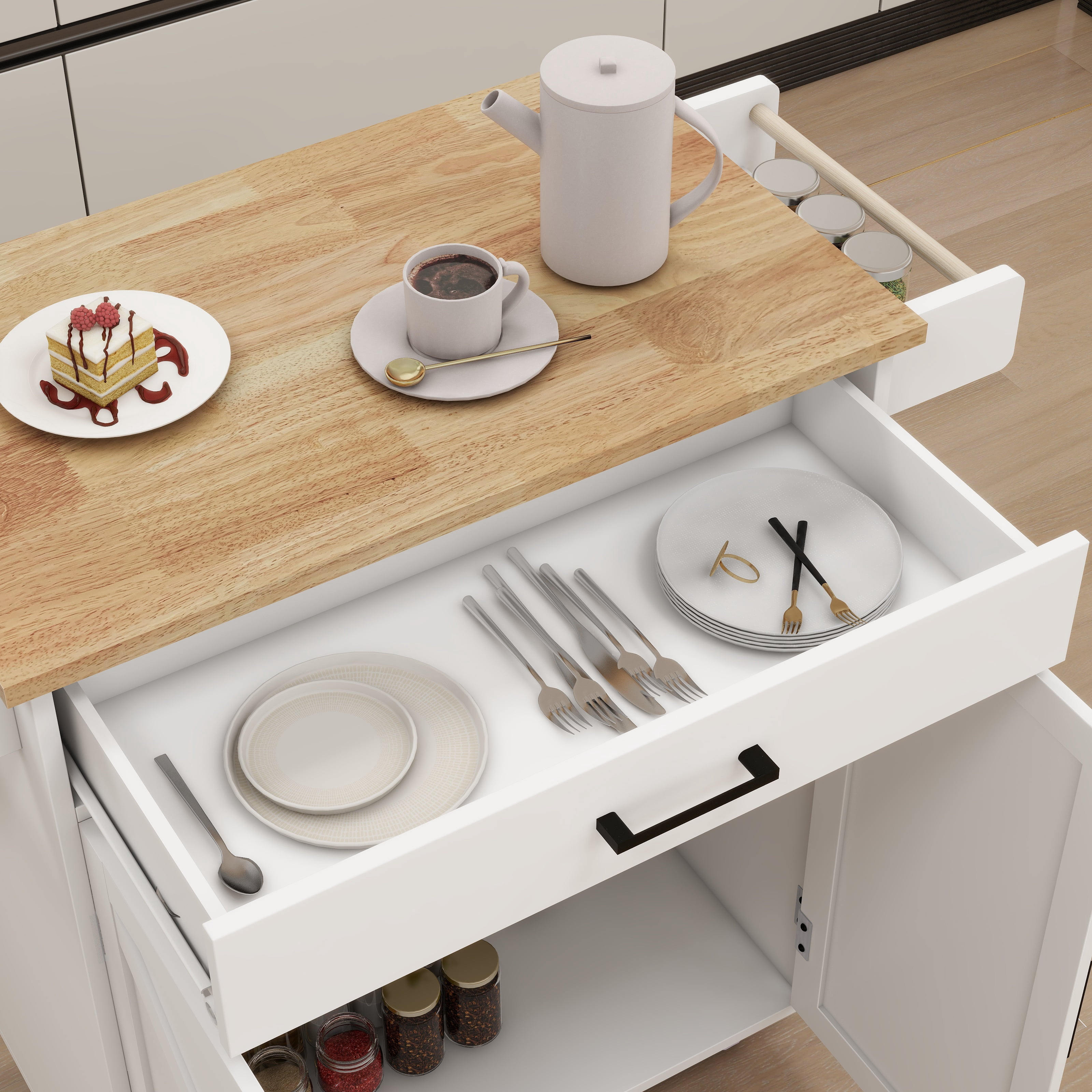 Mintazer Farmhouse Rolling Kitchen Island Cart with Drawer & Adjustable Shelves, Mobile Kitchen Storage Cabinet with 2 Door Cabinet & Towel Rack for Kitchen, White