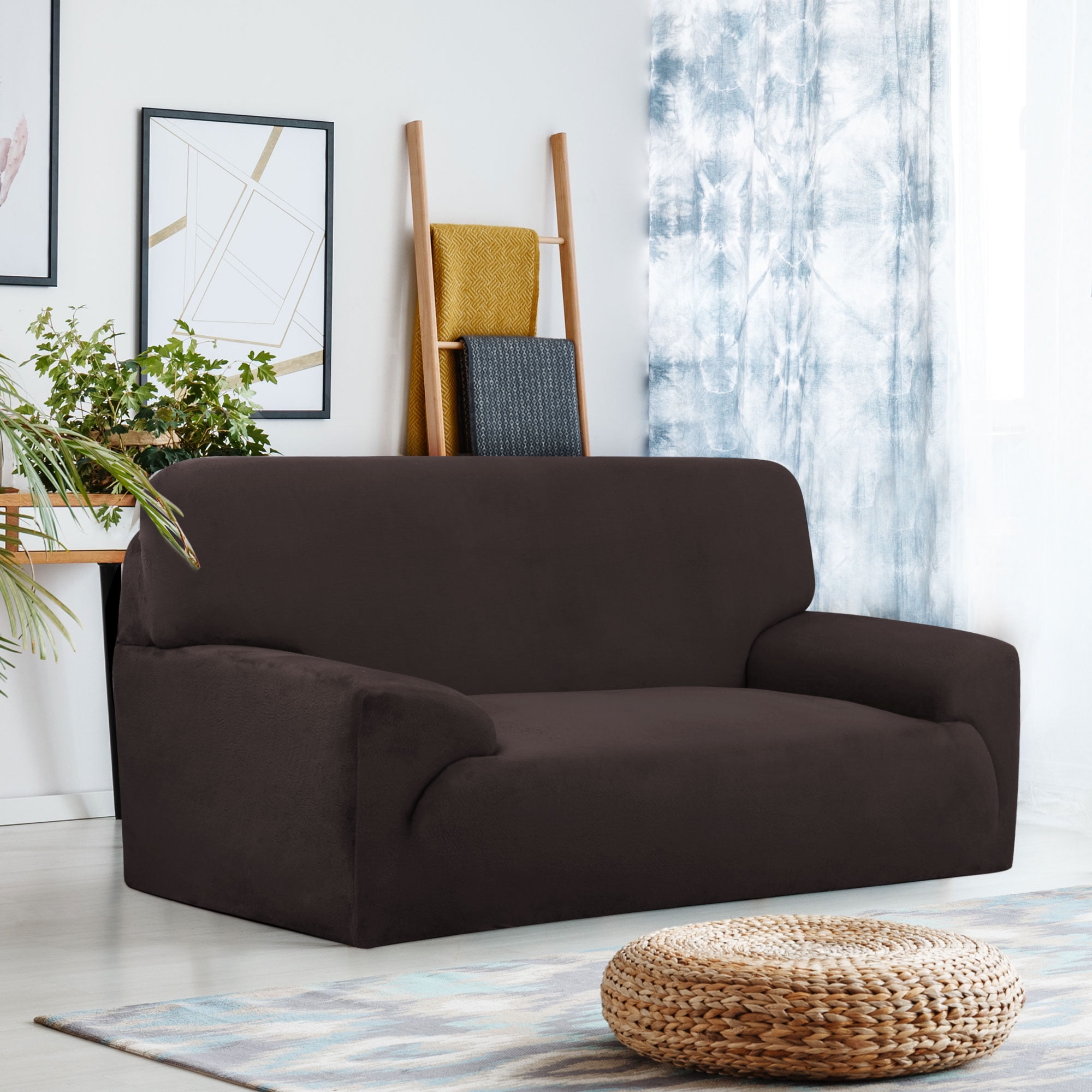 PiccoCasa Velvet Plush Stretch Sofa Slipcover with Cushion Cover, Coffee Color Medium