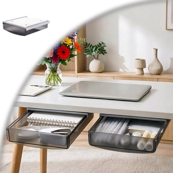 Under Desk Drawer, Under Table Hidden Organizer, Plastic Self-adhesive Slide out Under Desk Storage Drawer for Office Dresser Home Stationery Kitchen