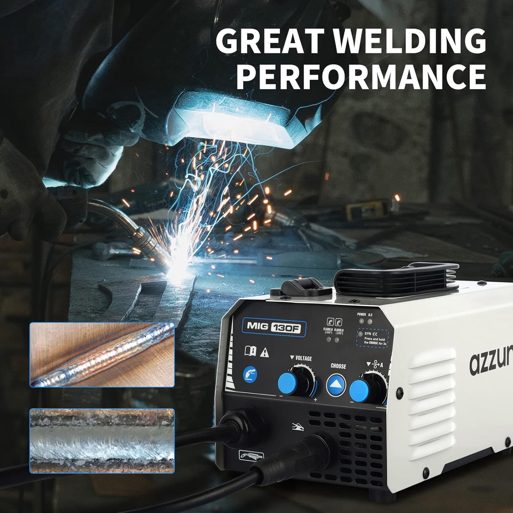AZZUNO 110V MIG Welder 130A Flux Core Gasless Welding Machine IGBT Inverter Welder Portable Wire Feed Welder