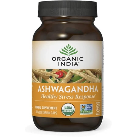 ORGANIC INDIA Ashwagandha Herbal Supplement - Vegan, Gluten-Free, Kosher, USDA Certified Organic, Non-GMO, Supports Mood, Endurance, Vitality & Strength - 90 Capsules