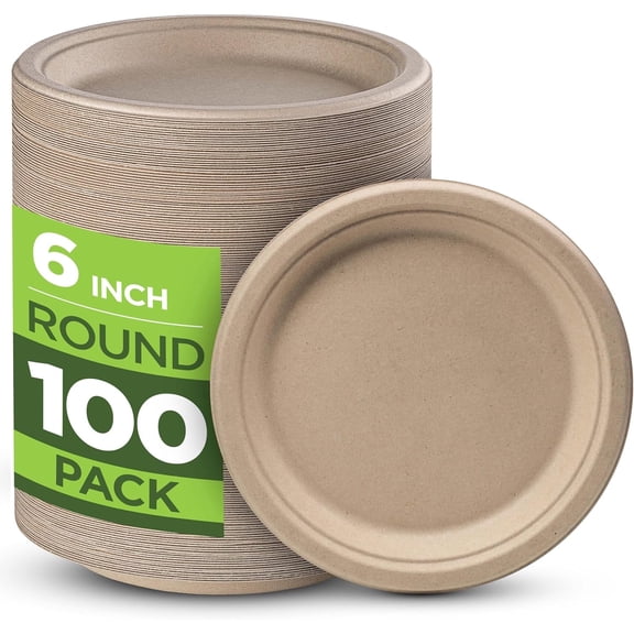 100% Compostable Paper Plates 100 Pack, 6 Inch Heavy Duty Biodegradable Microwavable Disposable Brown Dessert Plates, Made of Eco-Friendly, Natural Unbleached Sugarcane Bagasse