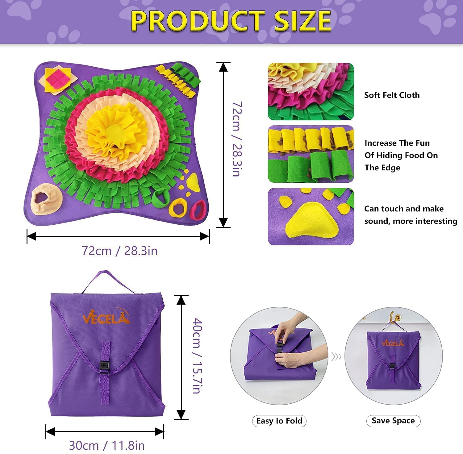 28.3" Pet Snuffle Foraging Mat, Dog Mental Puzzle Interactive Stimulation Toys for Smell Training and Slow Eating, Stress Relief for Feeding, Purple
