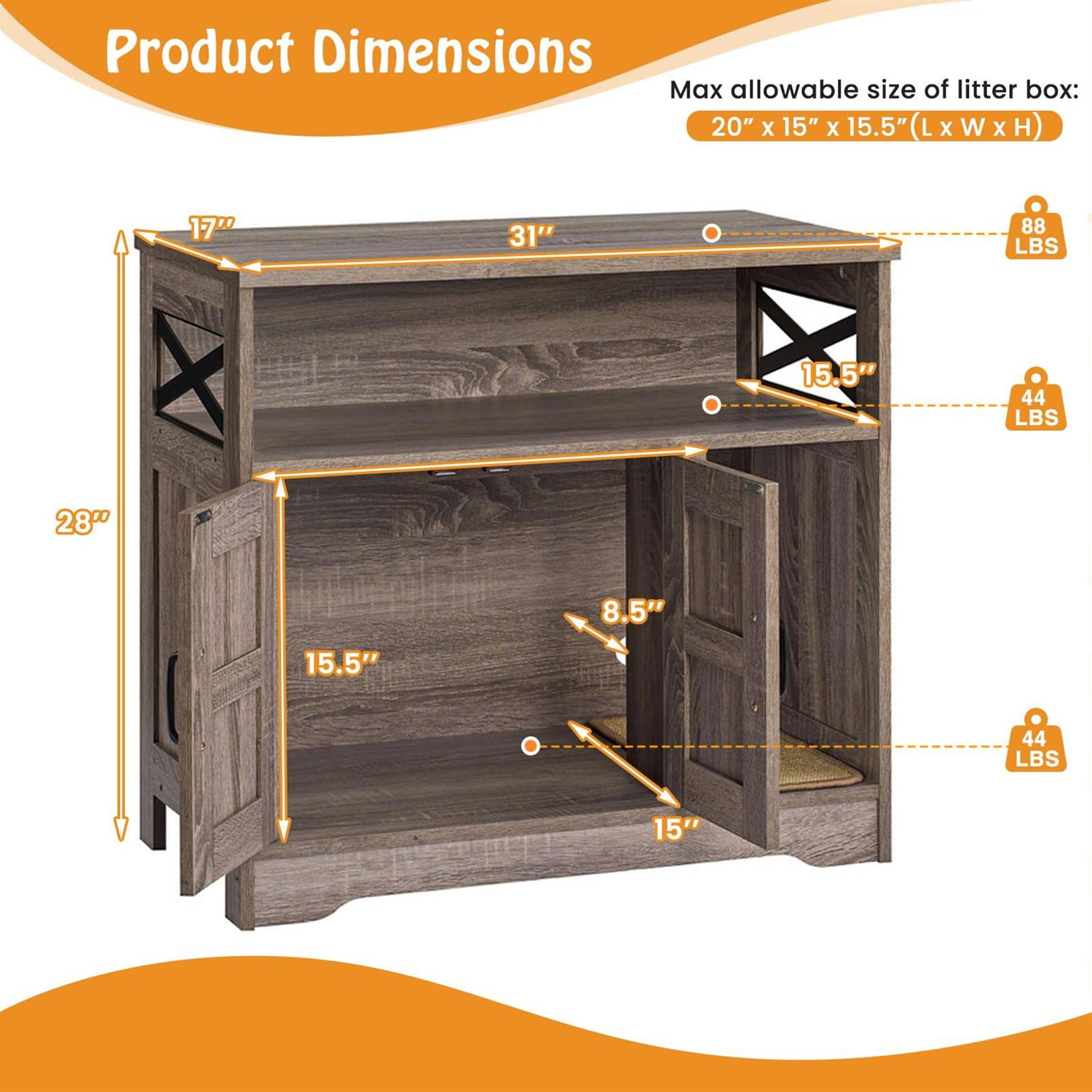 Pefilos Hidden Cat Litter Box Enclosure, Storage Space & Sisal Mat, Anti-Toppling Design, Grey