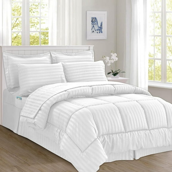 Mocassi Luxury 8-Piece White Striped Comforter Bedding Sets, Queen