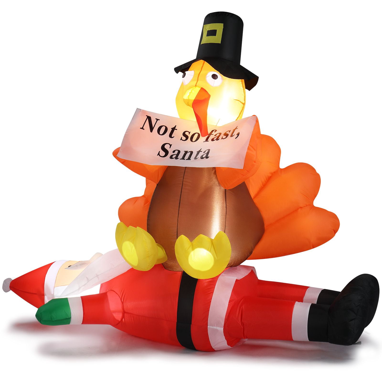 4.9FT Lighted Christmas Inflatable Decoration, Inflatable Turkey Sitting on Santa Claus, Funny Blow Up Yard Decorations with Built-in LED Lights for Holiday Party Front Yard Lawn Garden Decor