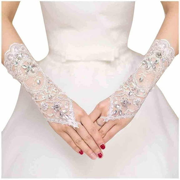 Women' Wedding Lace Gloves Bridal Fingerless Tulle Gloves Crystal Sequins Wrist Cuffs White Hook Finger Gloves
