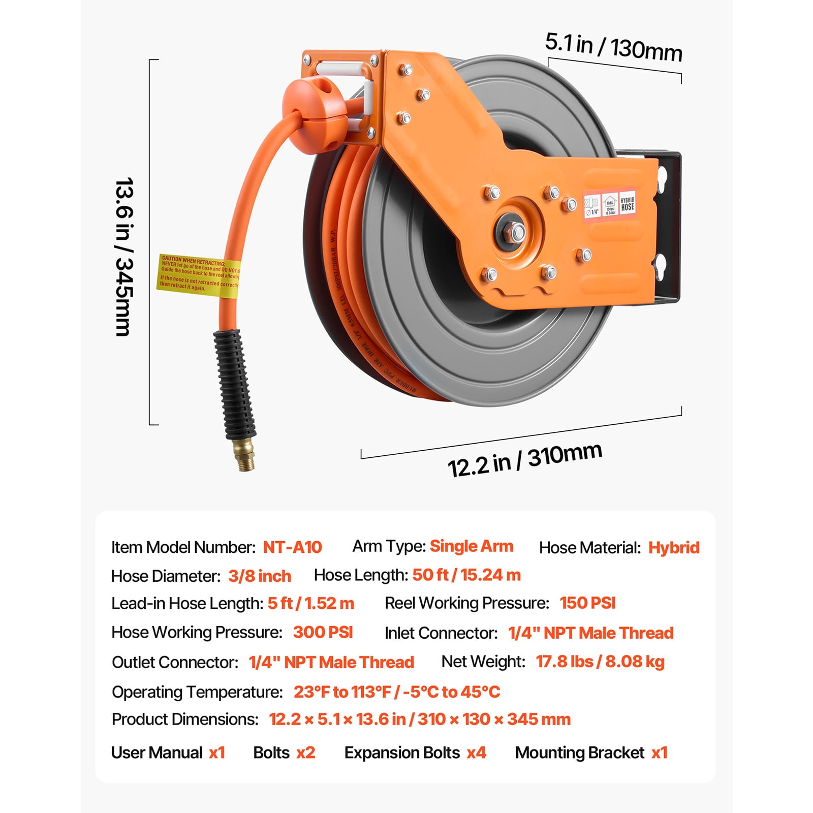 KFFKFF Retractable Air Hose Reel, 3/8 Inch x 50 FT Hybrid Hose, 300 PSI Capacity, Auto Rewind with 5 ft Lead-In, 180° Swivel Mount for Garage and Workshop Use