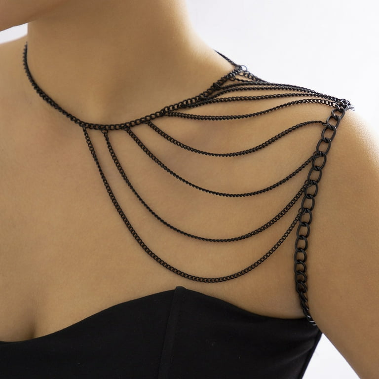 zttd punk black multilayer shoulder chain harness body chain statement  shoulder body chain necklace jewelry for women girls body jewelry  accessories 