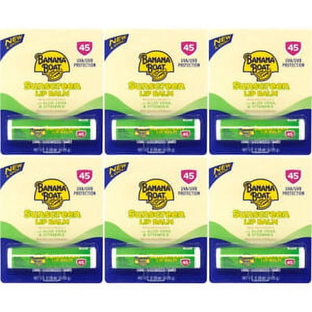 6 Pk Banana Boat Aloe Vera With Vitamin E Sunscreen Lip Balm Spf 45 .15Oz Ea