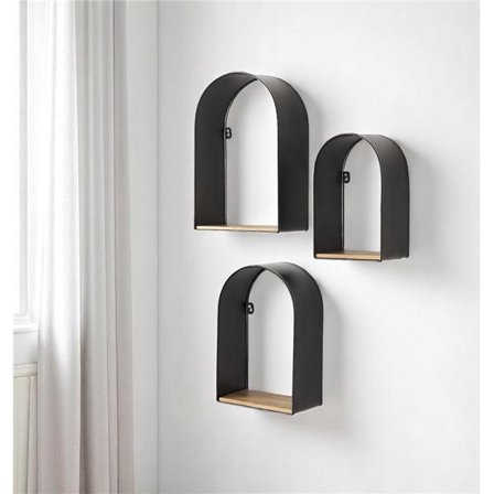 HomeRoots 608674 Black & Brown Metal & Solid Wood Arched Wall Mounted Accent Shelf - Set of 3