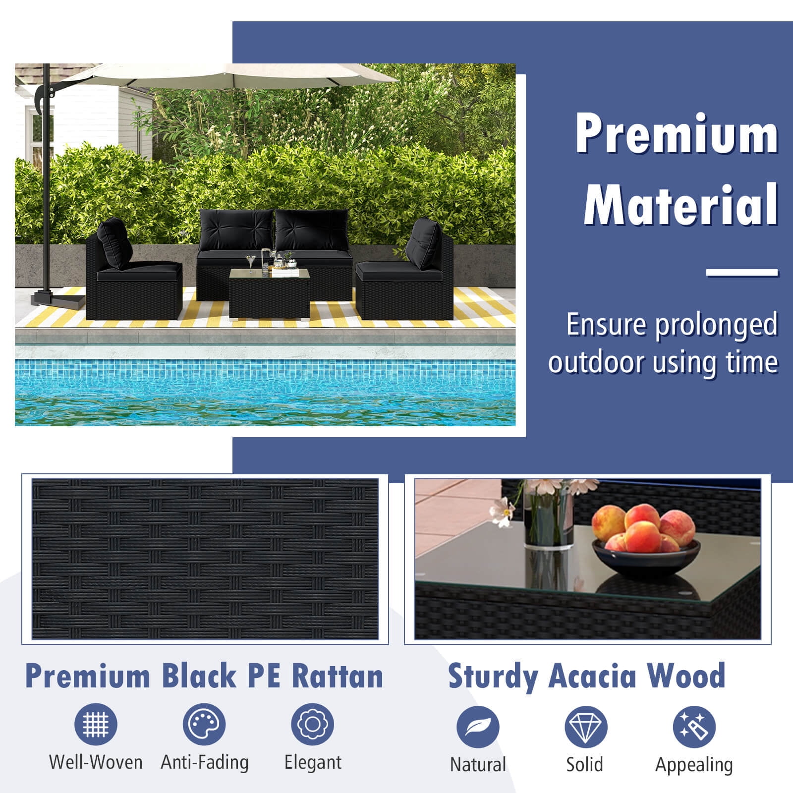 Costway 5 Piece Outdoor Furniture Set with Seat & Back Cushions Tempered Glass Tabletop Black