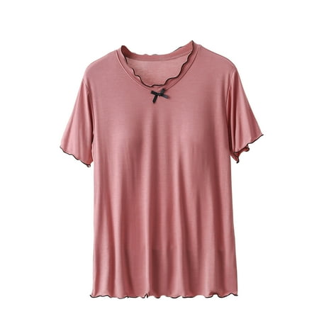 Lovskoo 2024 Women s Modal Built-In Bra Padded Active Short Sleeves Blouse Plain Casual Trendy Ruffled Hem Round-Neck Regular Sleepwear Tops Hot Pink L