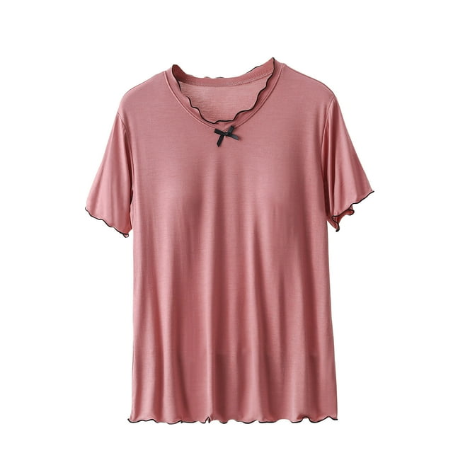 Timegard Hauts pour Femmes avec Soutien-Gorge Intégré Col Ras du Cou Manches Courtes Nœud Papillon Confortables Vêtements d'Intérieur d'Été Décontractés Hauts de Pyjama