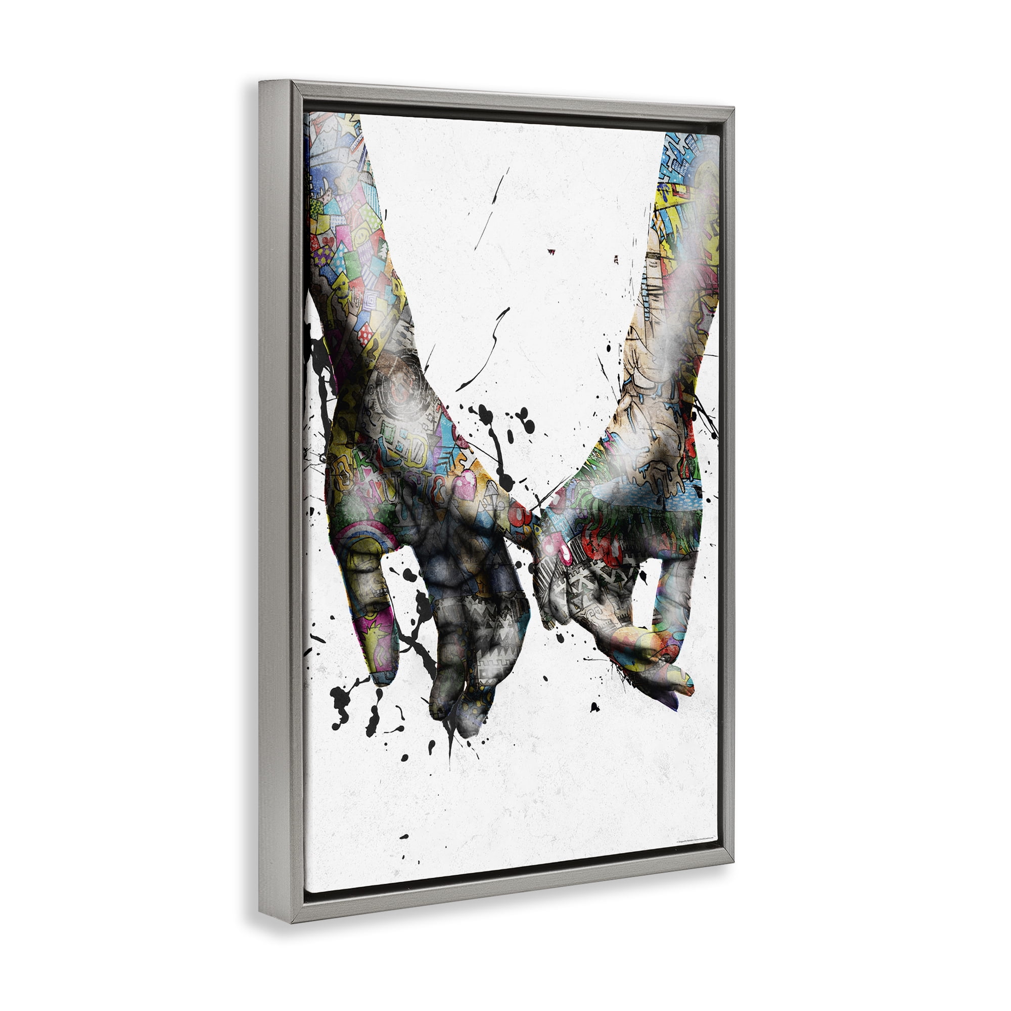 Stupell Industries Modern Splash Hand Holding People Painting Gray Floater Framed Canvas Art Print Wall Art, 21 x 31