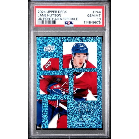 Graded 2024 Upper Deck Lane Hutson #P44 UD Portraits Speckle Rookie RC Hockey Card PSA 10 Gem Mint