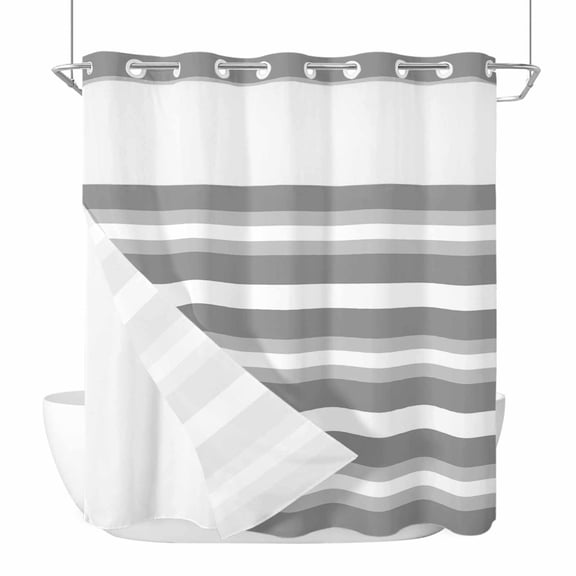 Grey Stripe No Hook Shower Curtain Waterproof, Bathroom Curtains with Snap in Liners and See Through Top Window, Minimalist Farmhouse Striped Hotel Style Bathtub Curtains Shower 72"Wx72"L