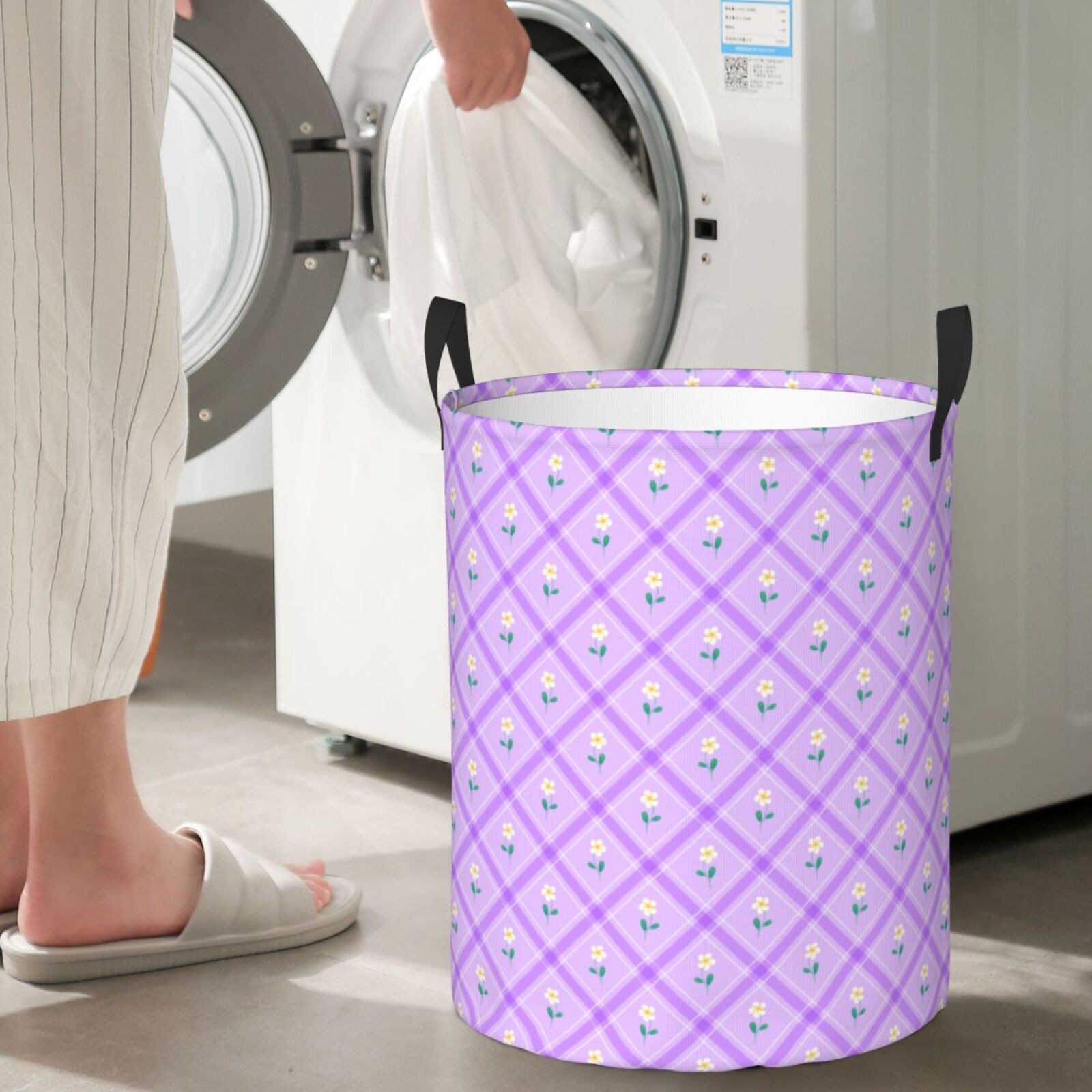 Large Laundry Basket with Handles - Cute Frangipani Lilac Checkered Kids Baby Dirty Clothes Laundry Hamper for Bedroom Aesthetic