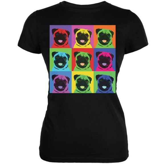 Pug Pop Art Repeating Squares Black Juniors Soft T-Shirt - Medium