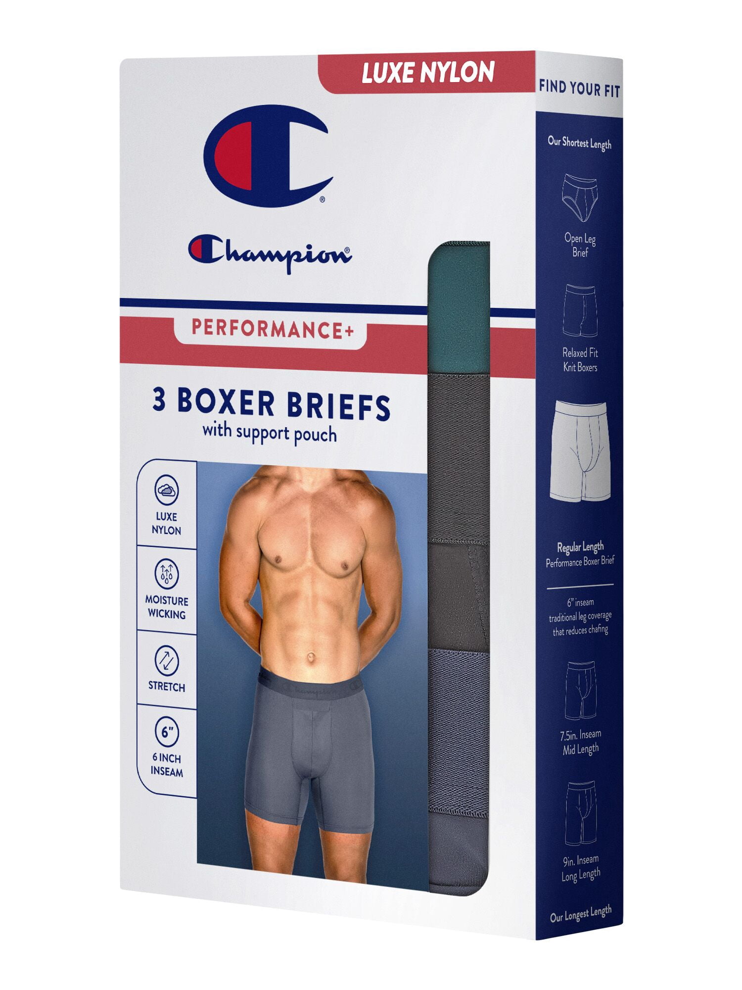 Champion Men’s Boxer Briefs – 3 Pack Performance+ Underwear, Flexible Fit, Moisture-Wicking, Sizes S–2XL