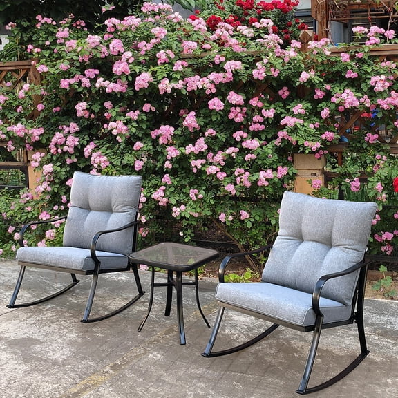 Danolapsi Table Chairs Set, 3-Piece Rocking Bistro Set, 2 Upholstered Rocker Armchairs With 1 Table, Patio Furniture Set For Garden, Balcony, Poolside, Deck, Lawn, Porch