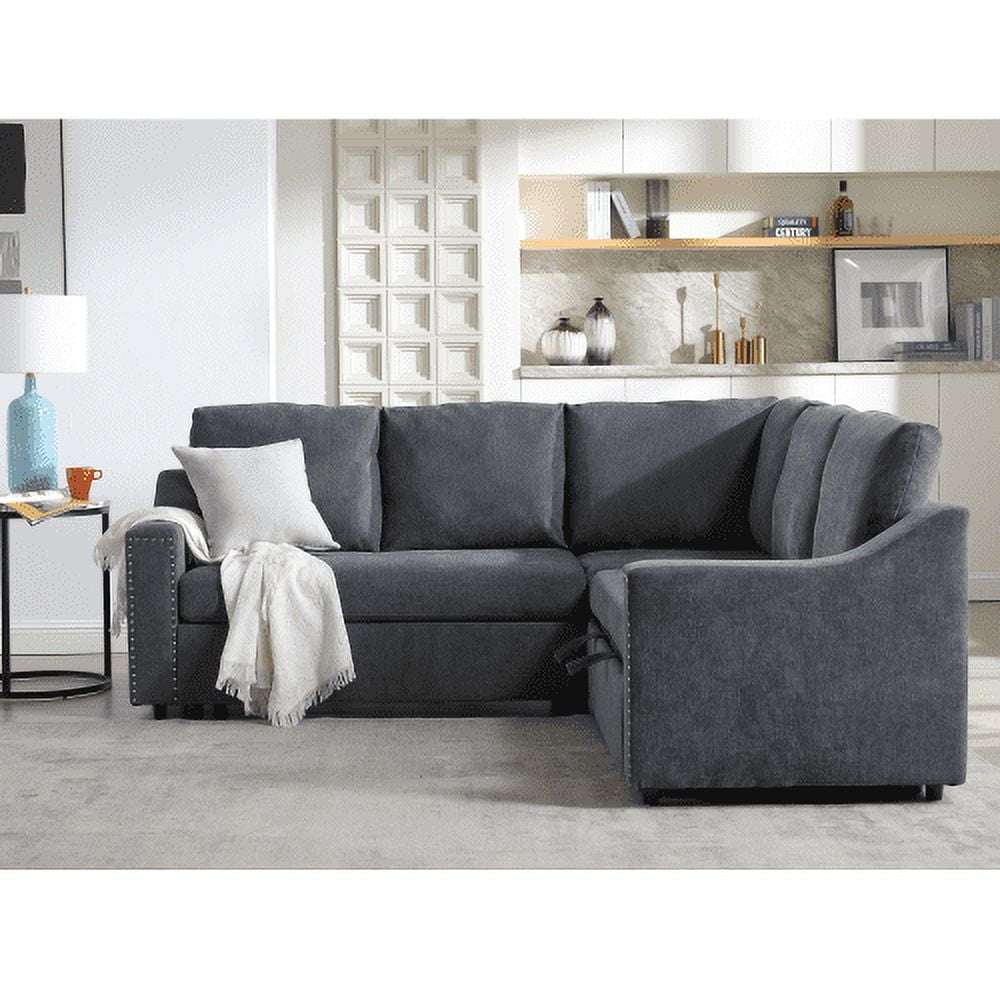 BSHTI L-Shaped Sofa with Pull-Out Sofa Bed,Corner Sofa,Living Room Furniture Set,Sleeper Sofa Bed,Corner Seat for Two with Broaching Sofa,Rivet DeChenille,Gray